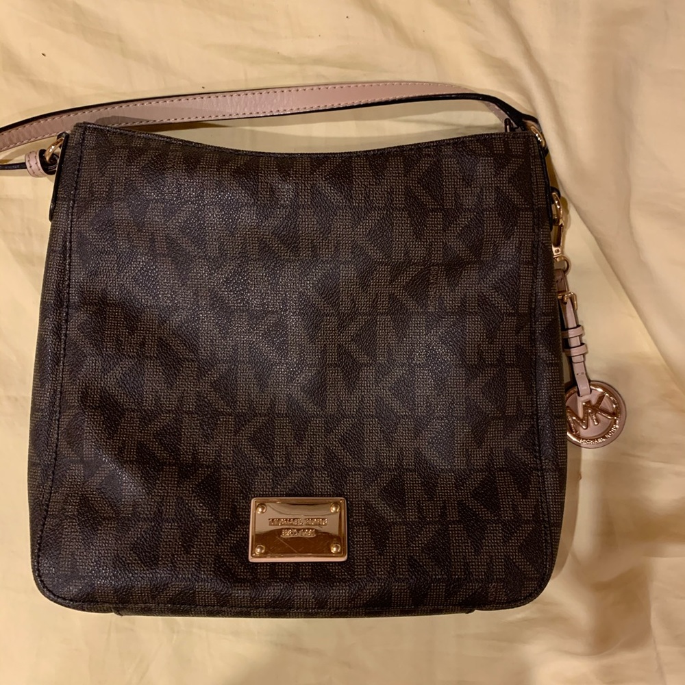 Dark and light brown MK print satchel purse